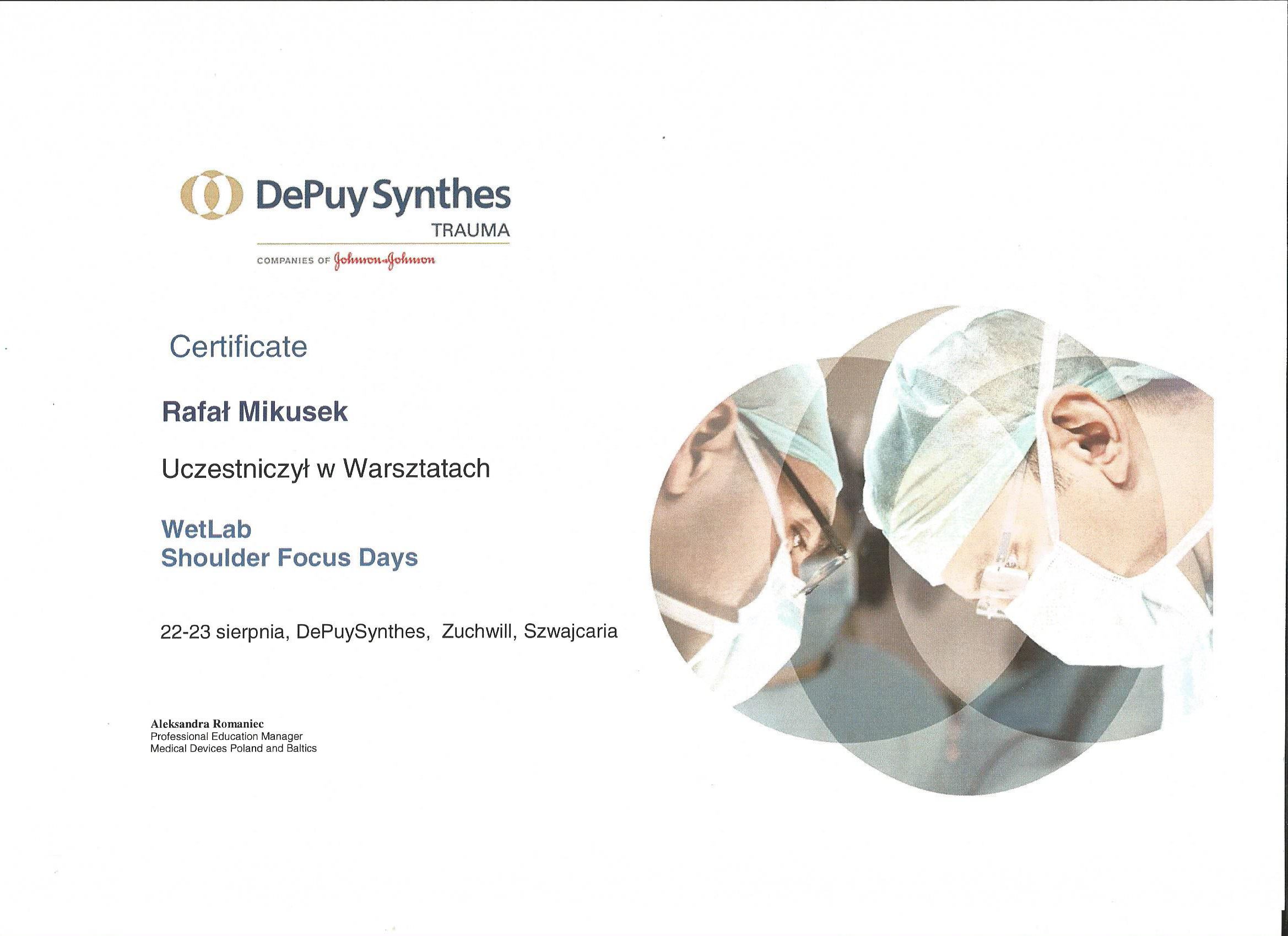 Rafał Mikusek certyfikat uczestnictwa wWetLab Shoulder Focus Days 2016
